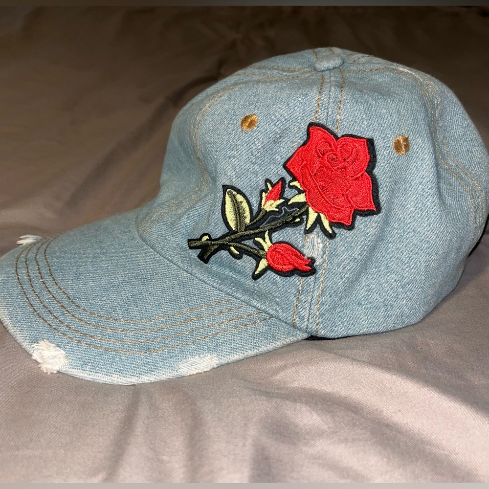 DAVID and YOUNG Distressed Denim Red Rose Adjustable Hat Cap